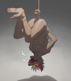 abs absurd_res accessory anthro athletic balls balls_rope balls_stretcher balls_stretching bent_legs black_body bodily_fluids bondage bound canid canine canis cock_and_ball_torture cock_and_balls_torture domestic_dog feet_tied feet_together_knees_apart flaccid foreskin genital_rope genital_torture genitals grimace hair hands_tied_behind_back headband hi_res humanoid_genitalia humanoid_penis lifewonders lying male male_ryona mammal nude on_back open_mouth pain pecs penis pngx_(artist) red_eyes rope screaming shaking simple_background solo solo_male suspended suspended_by_balls suspension sweat tadatomo tears teeth three-quarter_view tokyo_afterschool_summoners uncircumcised unretracted_foreskin upside-down white_hair yellow_sclera