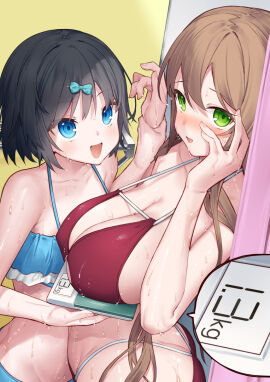 2girls :d bikini black_hair blue_bikini blue_bow blush bow breasts brown_hair character_request collarbone commentary_request female green_eyes hairbow hanashiro_yuuka holding_another's_wrist large_breasts long_hair looking_at_another looking_at_viewer multiple_females multiple_girls open_mouth original red_bikini short_hair small_breasts smile swimsuit tokuno_yuika wet
