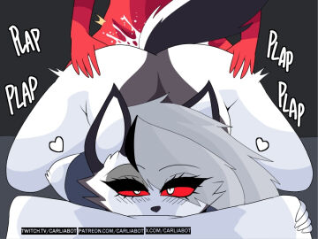 2025 4:3 5_fingers anthro ass black_nose blush blush_lines bodily_fluids bottomless bottomless_anthro canid canid_demon canine carliabot clothed clothing cum demon duo eyebrows eyelashes female female_penetrated fingers genital_fluids hellaverse hellhound helluva_boss imp loona_(helluva_boss) male male/female male_penetrating male_penetrating_female mammal moxxie_(helluva_boss) mythological_canine mythological_creature mythology nude_male penetration pillow plap pupils red_sclera sex shirt slit_pupils tail text topwear url white_eyes