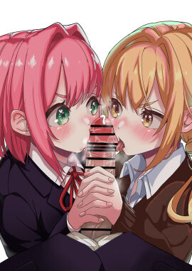 100_kanojo 1boy 2girls absurdres aijou_rentarou bar_censor black_jacket blazer blush brown_cardigan cardigan censored collaborative_fellatio collared_shirt commentary_request cooperative_fellatio cum erection fellatio female green_eyes hair_intakes hanazono_hakari highres inda_karane interlocked_fingers jacket kimi_no_koto_ga_dai_dai_dai_dai_daisuki_na_100-nin_no_kanojo licking licking_penis long_hair looking_at_another male multiple_females multiple_girls neck_ribbon ohananomitsu_high_school_uniform oral orange_eyes orange_hair penis pink_hair pov pov_crotch red_ribbon ribbon school_uniform shashadog18 shirt short_hair simple_background straight teamwork teamwork_(sexual) the_100_girlfriends_who_really_really_really_really_really_love_you white_background white_shirt