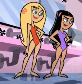 2girls black_hair blonde_hair danny_phantom female nickelodeon nicktoons one-piece_swimsuit paulina_sanchez purple_one-piece_swimsuit red_one-piece_swimsuit screencap screenshot star_(danny_phantom) swimsuit
