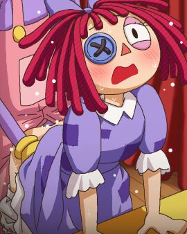 1boy bloomers bloomers_pull button_eyes buttons clothed_sex clothes_lift commentary_request doggy_style dress dress_lift female glitch_productions jax_(the_amazing_digital_circus) male male/female open_mouth overalls purple_dress ragatha ragatha_(the_amazing_digital_circus) red_curtains red_hair red_overalls straight sweat the_amazing_digital_circus tomu_(tomubobu)