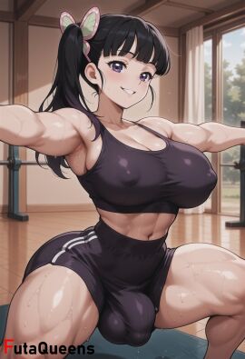 1futa abs ai_generated armpits black_hair black_shorts black_sports_bra blush breasts bulge butterfly_hair_ornament cleavage collarbone covered_nipples demon_slayer erection erection_under_clothes exercise futa_only futanari futaqueens grin gym hair_ornament indoors kimetsu_no_yaiba large_breasts long_hair looking_at_viewer muscular navel outstretched_arms penis purple_eyes shorts side_ponytail smile solo sports_bra squatting sweat testicles thick_thighs thighs tsuyuri_kanao
