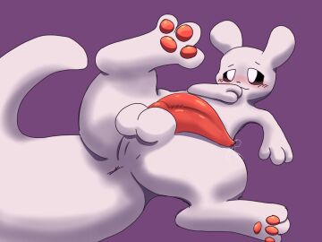 2025 animal_genitalia animal_penis anus balls big_tail blush bodily_fluids cetacean_genitalia cetacean_penis feral genital_fluids genitals hi_res lying male pawpads paws penis precum purple_background rain_world raised_paw red_penis simple_background slugcat smile star_umbreon survivor_(rain_world) tail tapering_penis videocult white_body white_ears white_tail