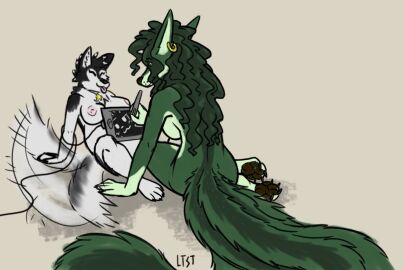 belly canid canine canis domestic_dog egg egg_from_pussy female fur green_body green_fur greenwolf hi_res husky long_tail longtailshorttemper mammal nordic_sled_dog pussy samantha_husky spitz tail zalia_(longtailshorttemper)