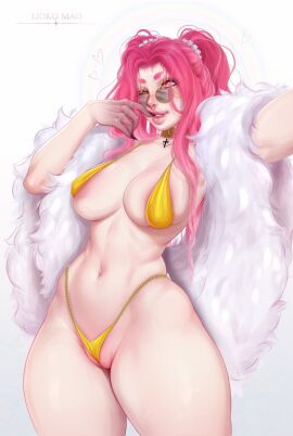 1girls artist_name bikini breasts collar female female_only finger_to_mouth fur_coat hi_res liokko_mao long_hair looking_at_viewer looking_over_eyewear looking_over_glasses looking_over_sunglasses navier_(liokko_mao) original pink_eyes pink_hair pussy pussy_floss round_glasses selfie sharp_fingernails side-tie_bikini smiling smiling_at_viewer solo sunglasses thick_thighs tinted_eyewear twintails white_background wink winking_at_viewer yellow_bikini