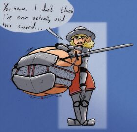 1girls armor armored_boots armored_female blonde_hair breastplate breasts cleavage colossal_breasts english_text female female_focus female_only guard hat hildebrand_(kuhlayduskopik) hyper hyper_breasts kuhlayduskopik large_breasts medieval medieval_armour medieval_clothing skirt sword text thighs underboob weapon