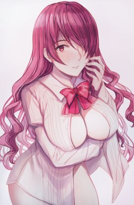 1girls 2024 2d 2d_(artwork) arm_under_breasts asymmetrical_bangs big_breasts blush blush_lines blushing blushing_at_viewer bowtie breasts cleavage closed_mouth clothing covered_breasts digital_drawing_(artwork) digital_media_(artwork) female female_focus female_only hair_over_one_eye hand_to_face large_breasts looking_at_viewer megami_tensei mitsuru_kirijo mostly_nude nipple_bulge persona persona_3 red_bowtie red_eyes red_hair ribbed_shirt shirt shirt_only shirt_open solo solo_female solo_focus unbuttoned unbuttoned_shirt white_background yaoto
