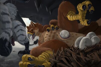 3:2 animal_genitalia avian background_character beak bird cave claws cloaca egg egg_from_pussy egg_laying feathers feet female feral flaccid genitals gryphon hi_res male mythological_avian mythological_creature mythology nest penis pussy reku_illustration solo_focus spread_legs spreading tail tail_feathers talons toe_claws toes yksteldus