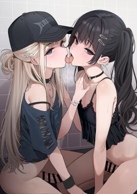2boys absurdres androgynous arm_support aya_(turisasu) baseball_cap black_camisole black_choker black_hair black_hat blonde_hair blue_eyes blue_shirt bottomless bra_strap bracelet brothers camisole censored choker commentary crossdressing earrings femboy femboy_on_femboy flat_chest french_kiss hair_ornament hairclip half-closed_eyes hand_on_another's_chest hat heart heart_earrings heart_o-ring highres incest jewelry kissing light_blush long_hair looking_at_viewer luna_(turisasu) male male_focus multiple_boys multiple_males o-ring o-ring_choker open_mouth original saliva seiza shirt siblings sitting strap_slip stud_earrings sweat symbol-only_commentary tile_wall tiles tongue tongue_out trap trap_on_trap turisasu twintails very_long_hair yaoi