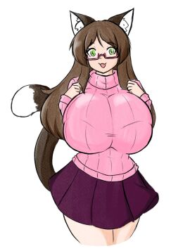 big_breasts breasts cat_ears cat_girl cat_tail catgirl curvy_female female glasses huge_breasts miyari sweater