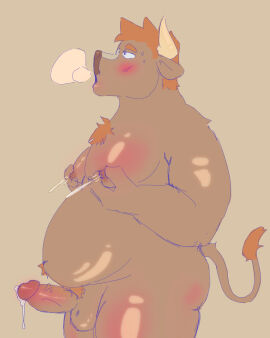 anthro bodily_fluids bovid bovine cattle cum erection genital_fluids genitals growlkokel hi_res lactating leaking_cum male male_lactation mammal moan momo_(growlkokel) nipple_fetish nipple_play nipples penis slightly_chubby solo tail