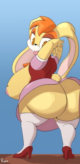 1girls amber_eyes anthro artist_name ass ass_built_separately big_breasts body_fur breasts edit fat_ass female female_only looking_at_viewer nipples no_visible_genitalia orange_hair plaga rabbit sega solo sonic_(series) sonic_the_hedgehog_(series) tongue tongue_out twerking vanilla_the_rabbit yellow_fur