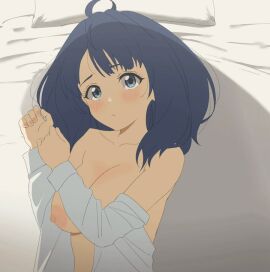 1girls ahoge animated animated_gif bed_sheet blinking blue_eyes blue_hair blush bouncing_breasts breast_jiggle breast_sway breasts breasts_out collarbone female hands_up indoors interior large_breasts looking_at_viewer lying make_heroine_ga_oo_sugiru! medium_hair nipples no_bra on_back on_bed open_clothes open_mouth open_shirt overshadow pillow pov shirt shy sincos solo talking_to_viewer topless white_shirt yanami_anna