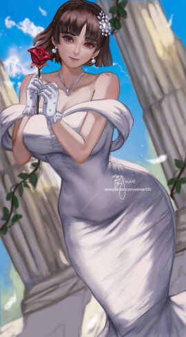 1girls 2d 2d_(artwork) atlus big_breasts breasts brown_hair female female_only hourglass_figure human human_only large_breasts looking_at_viewer makoto_niijima medium_hair megami_tensei persona persona_5 red_eyes rose_(flower) sfw short_hair solo solo_female wedding_dress weisart weithe2nd wide_hips