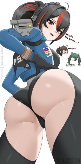 1girls ass ass_focus black_hair blush daikiri_di_mon dialogue female hair_ornament looking_at_ass looking_down low-angle_view patreon_username police police_uniform qingyi_(zenless_zone_zero) red_eyes red_highlights text thick_thighs thighhighs thighs worried worried_expression zenless_zone_zero zhu_yuan