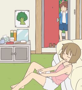 2girls accurate_art_style ayumu_niikura barefoot blue_hoodie blue_shorts blush brown_hair camisole caught caught_in_the_act caught_masturbating city_(arawi_keiichi) closed_eyes clothed door female female_masturbation flat_chest full_body fully_clothed hair_brush hitachi_magic_wand hood hoodie indoors masturbating masturbation multiple_females multiple_girls nagumo_midori open_clothes open_hoodie open_mouth pillow pink_camisole poster_(object) sex_toy shirt short_hair shorts tissue_box tuitou vibrator walk-in white_shirt white_shorts women_only