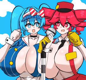2d 2d_(artwork) 2d_animation 2girls animated areola_slip areolae belly big_breasts blouse blue_eyes blue_hair blush bouncing bouncing_breasts bow breast_press breast_squeeze breast_squish breasts breasts_bigger_than_head breasts_bigger_than_torso breasts_pressed_together breasts_squeezed_together choker cleavage clothed clothed_female clothing collar curvaceous curvy curvy_female curvy_figure dancing deep_cleavage detached_cuffs enormous_breasts exposed_breasts eyelashes female female_only gigantic_breasts gloves hat hatsune_miku high-waist_pants high_waisted_pants hips_wider_than_shoulders huge_areolae huge_breasts hyper hyper_breasts hypnosis implied_paizuri jiggle jiggling_breasts kasane_teto kasane_teto_(sv) large_areolae large_breasts looking_at_viewer massive_breasts massive_hips mesmerized mesmerizer_(vocaloid) mesmerizer_miku mesmerizer_teto microphone microphone_between_breasts midriff miruyuyo mv_character navel necktie necktie_between_breasts nervous nervous_smile nipple_bulge nipples no_sound object_between_breasts open_mouth pants pressing_breasts_together red_eyes red_hair shiny_skin shirt simple_background skirt sparkling_eyes striped_shirt suggestive suggestive_gesture suggestive_pose suspenders sweat sweating synthesizer_v tagme twin_drills twintails utau venus_body video visor_cap vocaloid voluptuous voluptuous_female waitress waitress_uniform wide_hips wobble wobbling_breasts