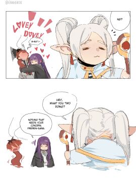 1boy 2girls axe blush closed_eyes clothed clothed_female clothed_male couple couple_(romantic) dating elf elf_ears elf_female ennhentai fake_enn female fern_(sousou_no_frieren) flustered flustered_male frieren heart hugging long_hair love lovers male multiple_females multiple_girls purple_hair red_as_a_tomato red_hair safe short_hair sousou_no_frieren staff stark_(sousou_no_frieren) uwu uwu_face weapon weapon_over_shoulder white_hair wholesome