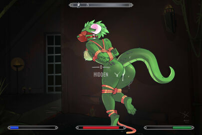 after_rape after_sex anthro argonian ass barefoot blindfold bondage breasts captured cum cum_in_ass cum_in_pussy cum_inside cum_on_breasts daree-ja_(zinnick) dungeon escape feet female gag gameplay_mechanics green_hair green_scales horns prison prisoner pussy red_blindfold rope rope_bondage scalie skyrim slave soles tail the_elder_scrolls toes trying_to_escape zinnick zinnikitty
