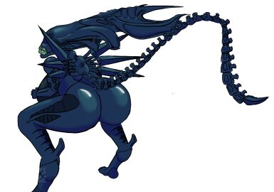 5_fingers alien alien_(franchise) alien_humanoid alien_vs._predator_(franchise) ass big_ass big_breasts big_butt black_claws bodily_fluids breasts claws female female_xenomorph femomorph fingers genital_fluids genitals hi_res humanoid kustruce lips looking_at_viewer not_furry nude pussy simple_background smile solo tail teeth thick_thighs xenomorph xenomorph_queen