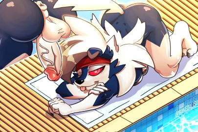 absurd_res anthro anus artist_name ass ass_up bakedalisu balls feet furry looking_at_viewer lycanroc male male_only midnight_lycanroc on_knees one_eye_closed penis pokemon pokemon_(species) pool shiny_lycanroc shiny_pokemon tongue tongue_out