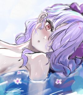 breasts exposed_breasts female flower flowers looking_at_viewer magenta_hair marima666_(artist) naked partially_submerged pink_eyes water