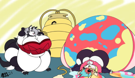 bbw big_breasts breasts cleavage female furry hellhound helluva_boss huge_breasts inflation loona_(helluva_boss) mad_n_evil overweight queen_bee-lzebub_(helluva_boss) thick_thighs wide_hips