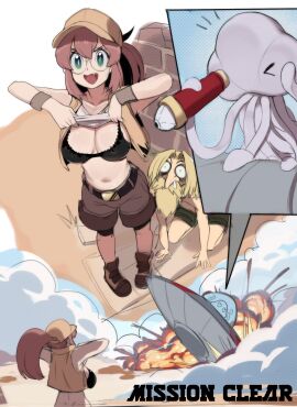 1boy 1girls :d absurd_res absurdres alien awooga belt big_breasts black_bra boots bra breast_awe breasts brown_hair cleavage clothes_lift crashing cute_fang distracted explosion eyes_popping_out female fio_germi flashing flashing_breasts funny glasses green_eyes hat heart_eyes highres humor lace-trimmed_bra male mars_people metal_slug midriff navel open_mouth paid_reward_available parody prisoner_of_war prisoner_of_war_(metal_slug) round_glasses sequential shirt_lift sho-n-d shorts showing_breasts smile snk spacecraft telescope ufo vest