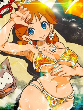 beach bikini bikini_bottom bikini_top blue_eyes breasts brown_hair cleavage female gold_bikini jewelry mario_(series) nikki_yama princess_daisy royalty sidestepper super_mario_land tatanga water