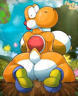 1girls 2023 anthro artist_name ass awkward_pose big_ass big_breasts big_butt big_nose blue_clothing blue_footwear blue_shoes blush blush_lines bodily_fluids breasts cliff clothing colored detailed_background digital_drawing_(artwork) digital_media_(artwork) dinosaur dragon extinct female female_only footwear footwear_only genitals grass grass_field hi_res humanoid_genitalia looking_at_viewer looking_back looking_back_at_viewer mario_(series) markings mostly_nude multicolored_body mythological_creature mythological_scalie mythology ner0_kobold nervous nervous_sweat nest nintendo nude orange_body orange_yoshi outdoor_nudity outside plant pose prehistoric_species rear_view red_body red_scales red_shell reptile scales scalie shaded shell shoes shoes_only short_tail signature sitting sitting_on_ground sky solo star_bits super_mario_galaxy sweat sweatdrop tail thick_thighs tree two-tone_body white_body white_markings wide_eyed wide_hips