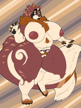 2_tails absurd_res after_transformation animal_humanoid anthro areola ass belly big_areola big_ass big_breasts big_butt big_nipples big_tail breasts brown_body brown_fur canid canid_humanoid canine canine_humanoid claws eyelashes female flyntdraws_(artist) fur fur_markings genitals hair hi_res huge_ass huge_breasts huge_butt huge_hips huge_thighs humanoid lips lipstick makeup mammal mammal_humanoid markings mole_(marking) multi_tail navel nipples nude open_mouth overweight pawpads post-transformation pubes pubic_tattoo pussy raccoon_dog simple_background solo tail tanuki tanuki_humanoid tattoo thick_bottom_lip thick_eyelashes thick_thighs transformation wide_hips zenarator_(artist)
