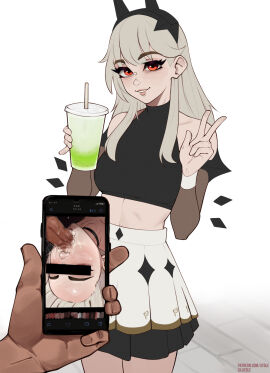 1girls 2d 2d_(artwork) blowjob breasts cellphone censored choker collarbone comparison cum cum_in_mouth cup dark-skinned_male deepthroat detached_sleeves english_text fellatio female fortnite grey_hair headgear highres holding holding_cup identity_censor ineffective_identity_concealment juxtaposition lexa_(fortnite) lilatole long_hair looking_at_viewer male midriff mosaic_censoring oral pale_skin penis photo photo_comparison princess_lexa_(fortnite) red_eyes ruined_reputation simple_background skirt smile sucking_penis tank_top throat_fuck v white_background white_hair