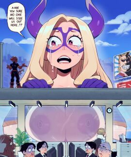 1girls all_might big_breasts blonde_hair boku_no_hero_academia breast_press breasts chest crying embarrassed female kamui_woods large_breasts male massive_breasts mount_lady multiple_boys multiple_males my_hero_academia pressing_breasts speedoru speedosausage squeezing_breast toshinori_yagi yuu_takeyama