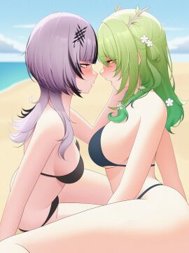 2d 2d_(artwork) 2girls alternate_costume beach big_breasts bikini bikini_bottom bikini_top black_bikini black_bikini_bottom black_bikini_top black_hair black_swimsuit blush breasts ceres_fauna clouds day drey525 female female_only flowers flowers_in_hair green_hair high_resolution highres hololive hololive_english hololive_english_-advent- hololive_english_-council- hololive_english_-promise- light-skinned_female light_skin long_hair looking_at_another ocean open_mouth outdoors sand shiori_novella side_view sitting sky slim_female summer swimsuit thong thong_bikini two-tone_hair two_piece_swimsuit virtual_youtuber vtuber vtuberfanart water white_hair yellow_eyes young younger_female yuri