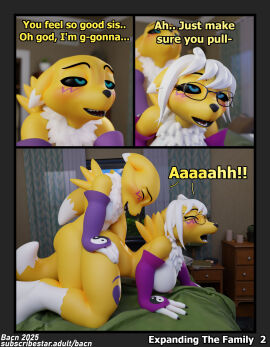 1boy 1girls 2025 3d anthro anthro_on_anthro bacn bandai_namco bed bedroom bedroom_sex big_breasts blush breasts brother_(lore) brother_and_sister_(lore) canid canine claws comic detailed_background dialogue digimon digimon_(species) digital_media_(artwork) duo english_text eyewear female female_anthro female_digimon female_penetrated femboy femboy_on_female fox from_behind_position furniture glasses hair hi_res incest_(lore) male male/female male_anthro male_digimon male_penetrating male_penetrating_female male_renamon mammal nipples nude on_bed open_mouth orgasm penetration penile penile_penetration penis renamon renamon_(bacn) sex sibling_(lore) sister_(lore) smile tail text white_body white_hair yellow_body