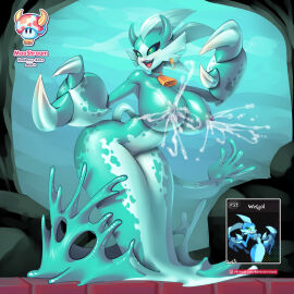 anthro big_breasts blue_eyes bodily_fluids breasts cowbell crab_claw elemental_creature female goo_creature goo_humanoid horn humanoid lactating marine merfolk mohawk nipples power_up shantae shantae_and_the_seven_sirens slime slime_girl solo split_form supersatanson teeth water water_creature wayforward wetgal_(shantae) wide_hips