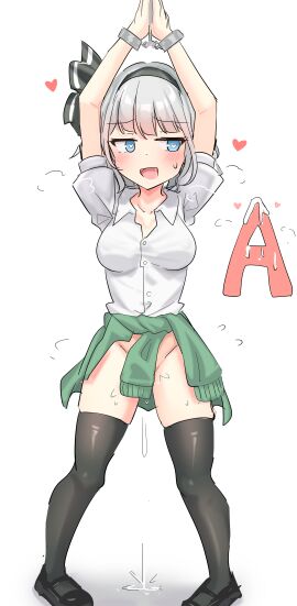 absurdres arms_up black_hairband black_shoes black_thighhighs blue_eyes bondage breasts cardigan cardigan_around_waist clothes_around_waist commentary_request cuffs female full_body green_cardigan grey_hair hairband handcuffs heart heart-shaped_pupils highres konpaku_youmu loafers medium_breasts no_panties open_mouth pussy pussy_juice restrained shirt shoes short_hair simple_background solo symbol-shaped_pupils thighhighs touhou white_background white_shirt youmu_konpaku youyume-kun