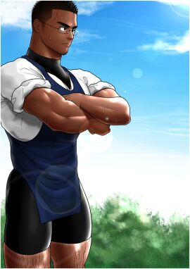 10s 1boy 2017 bara black_hair crossed_arms dark_skin glasses hairy_legs haragake_(clothing) kensuke_(yhs8) kensuke_taira male male_only muscular muscular_male original rolled_up_sleeves shafu shorts solo sweatdrop tagme yaoi