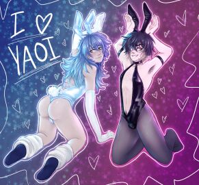 2boys aoba_seragaki bunnysuit dramatical_murder english_text male nitroplus slow_damage towa_(slow_damage) xkagehira yaoi