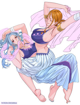 2girls alabasta arabasta_kingdom arabasta_saga arabian_clothes armlet arms_up barefoot belly_dancer belly_dancer_outfit big_breasts blue-haired_female blue_hair bra breasts closed_eyes dancer_outfit feet female female_human female_only harem_girl harem_outfit human kneeling light-skinned_female light_skin long_hair long_skirt looking_at_viewer lying_on_back nami_(one_piece) nefertari_vivi on_top on_top_of_another one_piece orange-haired_female orange_hair post-timeskip pre-timeskip removing_shirt skirt soles spread_legs teenager tied_hair undressing uukkaa yuri