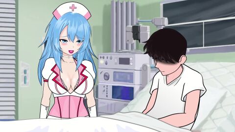 big_breasts blue_(justketchup) blue_eyes blue_hair blush boobjob breasts breasts_out cum cum_on_breasts hospital hospital_bed justketchup nurse nurse_cap nurse_uniform tagme titjob video