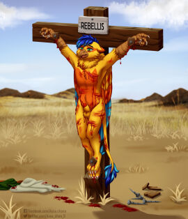 agony animal_genitalia animal_penis anthro arm_wound avian balls being_watched blood_on_arm blood_on_chest blood_on_feet blood_on_foot blood_on_ground blood_on_hand blood_on_leg blood_on_legs bodily_fluids canine_genitalia canine_penis clothing clothing_aside cloud cross crucifixion exposed foot_torture forced_exposure forced_presenting fully_sheathed genitals gore grass gryphon hi_res humiliation leg_wound looking_at_another male male_ryona mythological_avian mythological_creature mythology nail nailed nails nude nude_anthro nude_male on_display outdoor_nudity penis plant prossesor_the_gryphon public public_display public_execution public_exposure public_humiliation public_nudity resigned_to_fate restrained_arms restrained_feet rock sheath sign sky solo tired_expression tired_eyes tired_look torture_device unwanted_exposure whip_mark whipped wood wounded