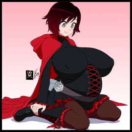 1girls big_belly big_breasts boots breasts cape clothed clothing female female_only frills full_body fungus-man grey_eyes happy huge_breasts kneeling light-skinned_female light_skin looking_down medium_hair nipple_bulge pantyhose pregnant red_eyes red_hair rooster_teeth ruby_rose rwby self_upload smile solo solo_female tagme teenage_female teenager