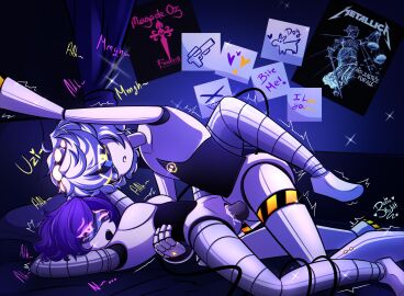 1boy 1girls 2d canon_couple detailed_background disassembly_drone female female_penetrated glitch_productions humanoid male male_penetrating_female moaning murder_drones n_(murder_drones) pink_eyes purple_hair robot robot_boy robot_girl robot_humanoid screen_face sex straight uzi_(murder_drones) white_hair worker_drone yellow_eyes