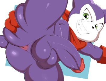 1boy animal_nose anus artist_request ass ass_grab balls bandana blue_background colored_skin digimon digimon_(creature) furry furry_male gloves grab_the_butt grabbing_own_ass green_eyes grin highres impmon jerseydevil looking_at_viewer male male_focus male_only non-web_source penis presenting purple_penis purple_skin red_bandana red_gloves smile solo source_request spreading tail teeth testicles thick_thighs thighs