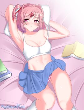 1girls blue_skirt bra breasts clothing doki_doki_literature_club female meganekai natsuki_(doki_doki_literature_club) panties pink_eyes pink_hair pink_panties short_hair skirt white_bra