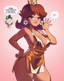 1boy 1girls blue_eyes breasts brown_hair clothing crown dialogue female flipherrrr fliphrrr green_hat heart hourglass_figure human lipstick looking_at_viewer luigi male mario_(series) nintendo princess princess_daisy royalty super_mario_bros. tagme