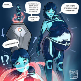 belly belly_button big_belly breasts breasts_on_belly female force_feeding halo_(series) hologram joyeuse onomatopoeia peachpeachplumb stuffed_belly stuffing the_weapon_(halo_infinite) weight_gain