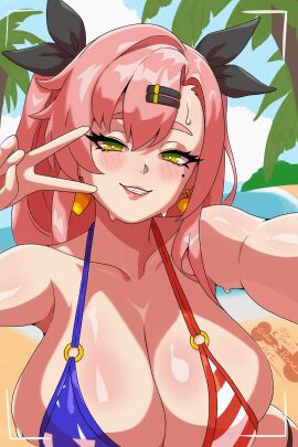 1girls american_flag_bikini big_breasts bikini bikini_top blush breast_focus breasts brokenbonesad camera_view cleavage ear_piercing earrings female female_only green_eyes hair hair_ornament hairclip huge_breasts large_breasts lips mole mole_under_eye nicole_demara peace_sign pink_hair posing ribbon solo solo_female sweat sweatdrop twintails upper_body usa_bikini zenless_zone_zero